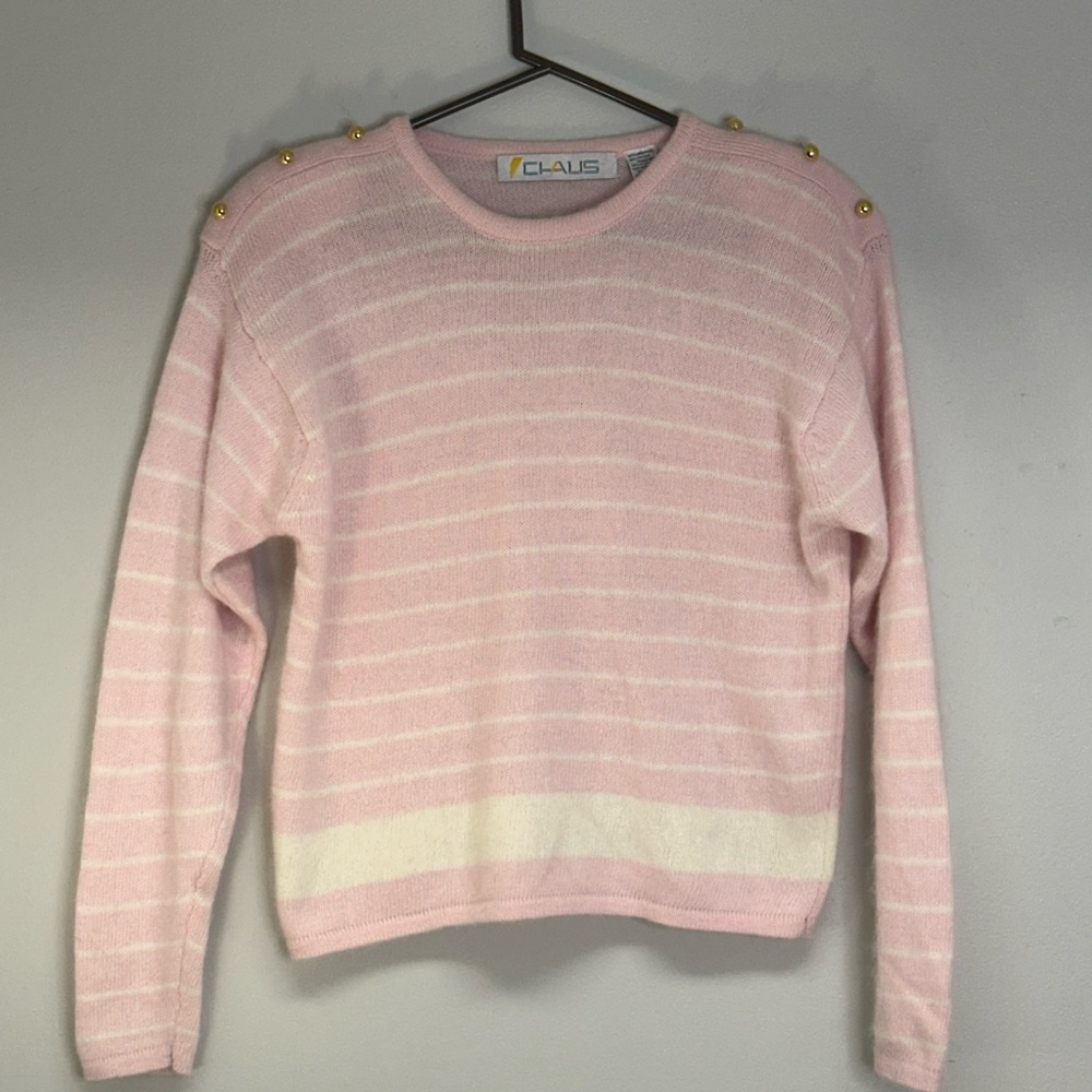 Chaus Light Pink Striped Sweater with Gold Button Accents lambswool size medium